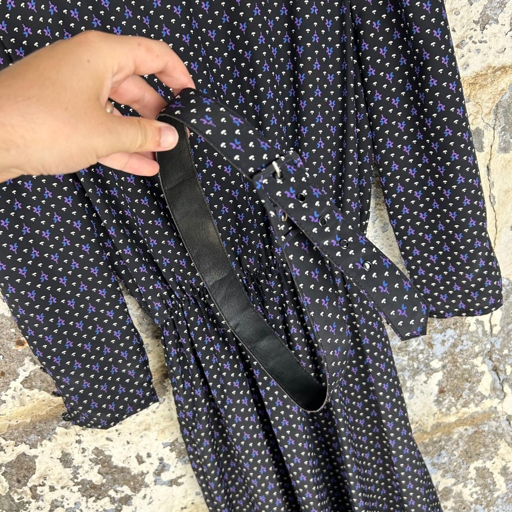 Vintage 80's JT Dress Vintage Midi Dress Womens Black Purple Micro Print Belted - Picture 3 of 8
